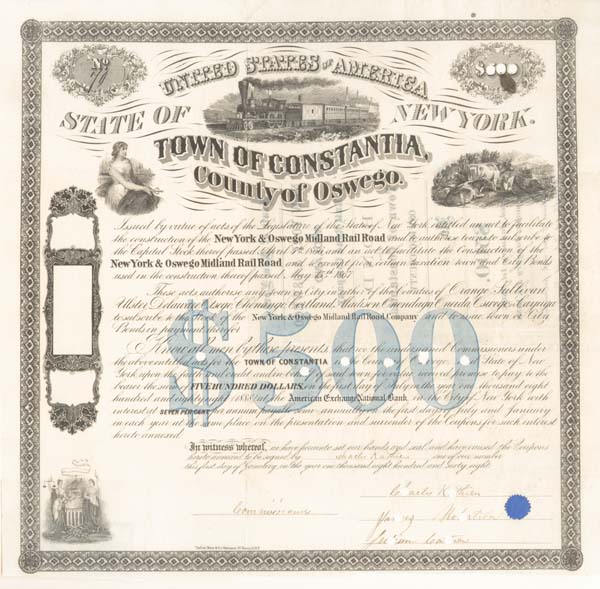 New York and Oswego Midland Railroad - 1868 dated $500 Railway Bond